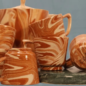 Emil Cahoy Pottery Teapot Set | Mid-Century Swirl Clay Art Ceramic Tea Set (7-Piece)