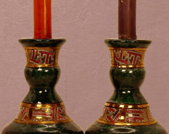 Portacandele affusolati in ceramica verde con motivo geometrico dorato / Decorazione vintage, ceramica firmata