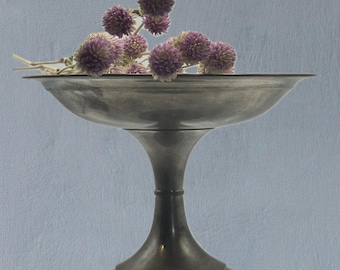 Vintage Crescent Pewter Revere Style Pedestal Bowl, Scalloped Rim Centerpiece