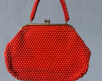1950's Vintage Red Beaded Kiss Lock Closure Top Handle Purse Statement Bag