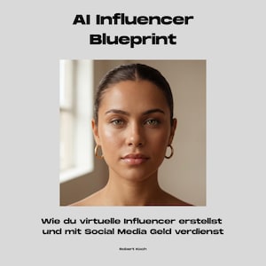 Könnte beinhalten: Das Bild zeigt eine Frau mit goldenen Creolen. Der Text "AI Influencer Blueprint" steht oben, darunter deutscher Text. Der Name des Autors, Robert Koch, steht unten. Der Hintergrund ist hellgrau.