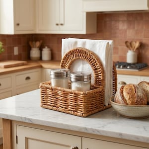 Może przedstawiać: Tkany wiklinowy kosz na chleb z uchwytem, ​​zawierający dwa szklane słoiki z metalowymi pokrywkami. Obecna jest również biała ściereczka i ceramiczna miska z chlebem. Kuchnia ma białe szafki i marmurowy blat.
