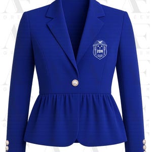 May include: A royal blue blazer with a single pearl button closure and a peplum waist. The blazer features a white emblem on the chest and pearl buttons on the sleeves. The blazer is a tailored fit.