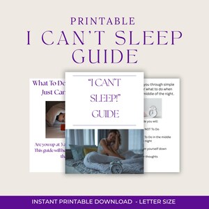 Könnte beinhalten: Ein druckbarer "I Can't Sleep Guide" in Lila und Weiß. Der Ratgeber zeigt Bilder einer Person im Bett und einer Uhr. Der Text enthält "What To Do" und "Instant Printable Download - Letter Size".