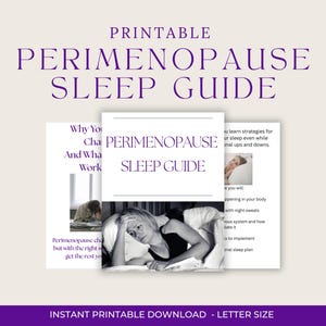 Può includere: Un documento stampabile intitolato Perimenopause Sleep Guide con testo viola su sfondo bianco. La guida include informazioni su strategie per il sonno, cambiamenti corporei e sudorazioni notturne, con immagini di una persona a letto.