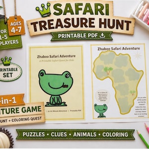 Puede incluir: Un juego imprimible de Búsqueda del Tesoro Safari para niños, con un personaje de rana y un mapa del continente africano. Incluye el texto "2-en-1 Adventure Game" y "Puzzles, Clues, Animals, Coloring". Adecuado para niños de 4 a 7 años, para 1-5 jugadores.