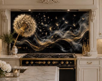 Schwarz-Gold-Pusteblumen-Glasrückwand, Luxus-Küchenrückwand, gehärtetes Glas-Herd-Rückwand, moderne Küchenwandplatte, Gold-Küchenrückwand