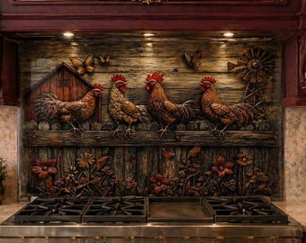 Rooster Farmhouse Glass Kitchen Backsplash, Rustic Wall Art, French Country Decor