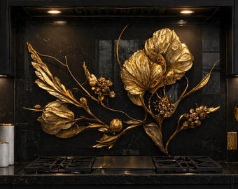 Black Gold Floral Glass Backsplash – Luxury Kitchen Upgrade, Modern Wall Art Panel