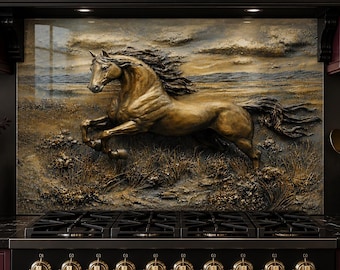 Luxus-Pferdeglas-Aufrissplatte - Bronze-laufendes Pferd-Küchendekor, schwarze burgundfarbene moderne Küchenwandkunst, Ofen-Aufkantung