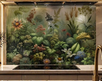 ボタニカルガラスのバックスプラッシュ – ラグジュアリーなグリーンのキッチン装飾