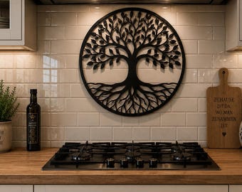 Tree of Life Kitchen Backsplash | Black Metal Wall Art Glass Panel | Modern Farmhouse Stove Back Decor | Rustic Kitchen Wall Decor