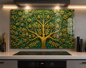 Luxus Baum des Lebens Glas Backsplash - Green & Gold Küchenwandkunst, moderne rustikale Herdplatte, naturinspiriertes Küchendekor
