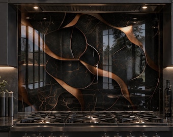 Panel antisalpicaduras de vidrio templado negro y dorado – Panel moderno para estufa de cocina, decoración de pared resistente al calor