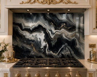 Black White Marble Glass Backsplash, Luxury Black Gold Kitchen Decor, Modern Marble Stove Splashback, Tempered Glass Wall Panel