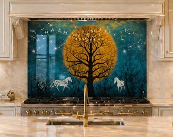 Panel de vidrio para salpicadero Golden Moon Tree – Diseño Night Forest Horses, arte de pared de cocina de lujo, decoración moderna para salpicadero de estufa,