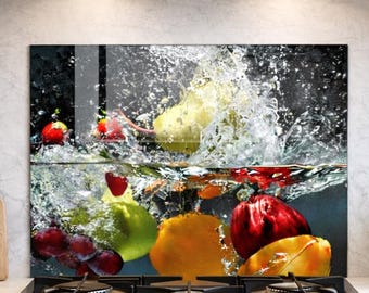 Protector de pared de vidrio templado con salpicaduras de agua y frutas coloridas para cocina, resistente al calor.