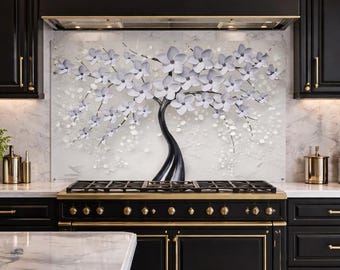 Luksusowy szklany panel ścienny – biały panel kuchenny z motywem drzewa kwiatowego, dekoracja odporna na ciepło