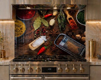 Spice Kitchen Glass Backsplash – Stove Wall Panel, Heat Resistant Art