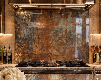 Industrial Rustic Backsplash Glass – Modern Kitchen Decor, Metal Texture Stove Panel