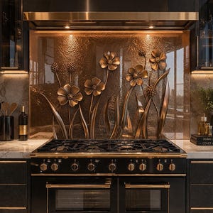 Copper Floral Glass Kitchen Backsplash, Tempered Stove Panel, Heat Resistant Splashback