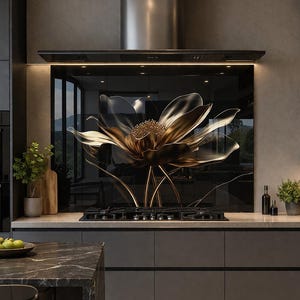 Gold Flower Glass Backsplash – Tempered Kitchen Stove Panel, Heat Resistant Wall Art