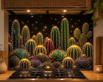 Panel de pared de vidrio con diseño de cactus neón – Panel de pared de cocina de lujo, arte moderno LED del desierto, panel trasero para estufa, decoración con impresión en vidrio brillante