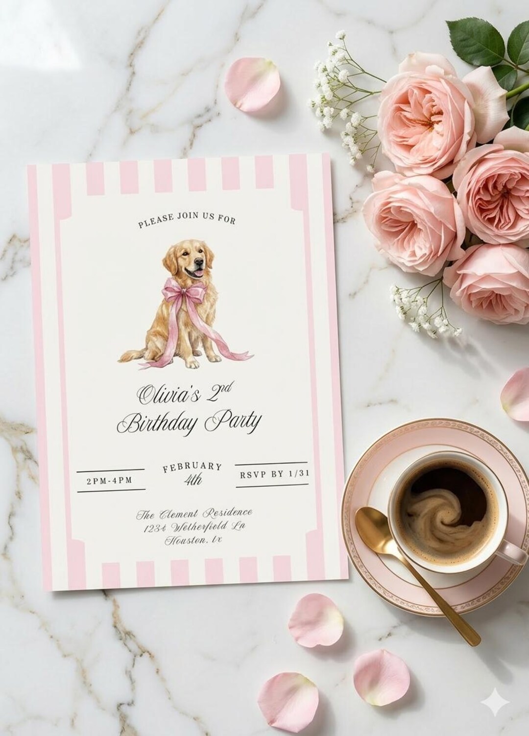 Pink Dog Party Invite Golden Retriever | Puppy Party Invitation | Girl ...