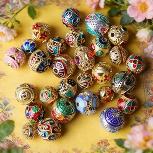 Bohemian Cloisonné Enamel Beads, Multicolor Metal Spacer Beads, Handmade Jewelry Findings for Crafting, Ethnic Style Bead Assortment