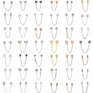 Può includere: Una collezione di catene di sicurezza per charm in argento con varie perline decorative. Le perline includono cristalli trasparenti, cuori e altri disegni. Ogni catena ha una chiusura su ogni estremità.