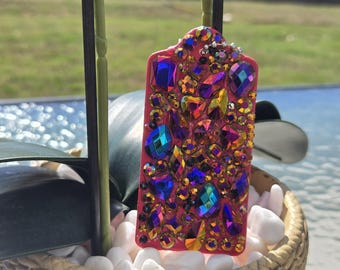 The Aurora Prism: Large Red PU Leather Bag Charm with Iridescent Rhinestones