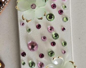 The Celestial Petal: Small White Leatherette Bag Charm with Jade Flowers and Rhinestones