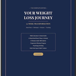 Peut inclure: Un téléchargement numérique bleu marine intitulé « YOUR WEIGHT LOSS JOURNEY » avec du texte blanc. La couverture comprend une liste de fonctionnalités : plans de repas, entraînements, recettes et suivi. Il répertorie également le contenu.
