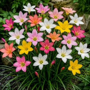 Op de afbeelding: Een levendige tros regenlelies met zesbladige bloemen in tinten wit, geel, roze en oranje. Elke bloem zit op een slanke groene stengel, omringd door dun, grasachtig blad, wat zorgt voor een dicht en kleurrijk bloemstuk.