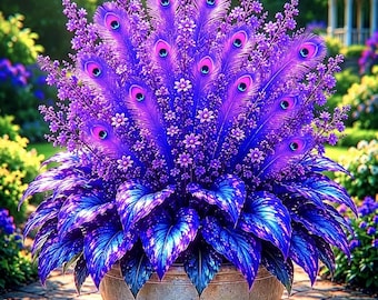 May include: A decorative arrangement in a round, light-colored stone planter featuring vibrant purple peacock feathers with distinct eye patterns, interspersed with small purple flowers and broad, dark blue-tinted leaves at the base.