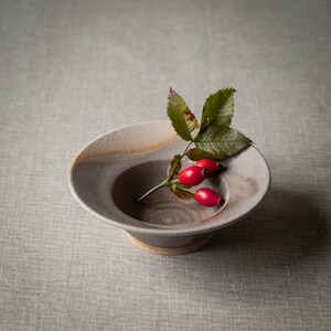May include: A ceramic bowl in grey and tan tones, with a wide, shallow shape. It contains a sprig of green leaves and three red berries. The bowl rests on a small, circular base. The background is a neutral grey.