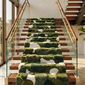 May include: A staircase with wooden steps and a green and white patterned carpet runner. The runner has a textured, abstract design. The staircase has glass panels and wooden handrails with gold-coloured accents. The steps are made of dark wood.