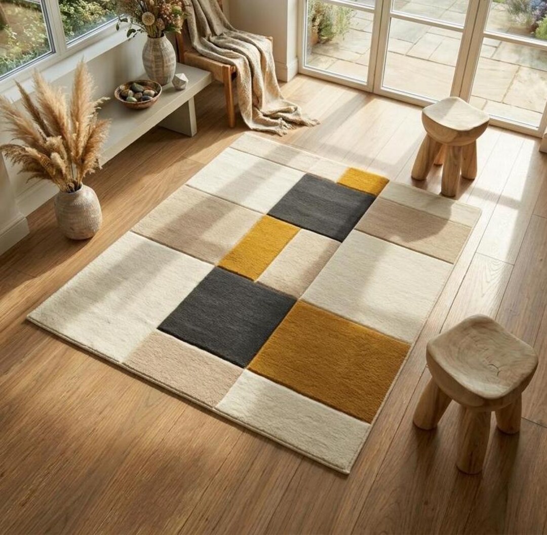 Overlap Blocks Wool Rug Hand Tufted Wool Rug Geometric Block Mustard Grey Custom Area Rug 3D ...