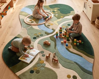 May include: An irregular, organic-shaped area rug featuring a landscape design with shades of green, beige, and blue. The rug depicts a winding river, rolling hills, and circular patterns, providing a soft surface for play and floor activities.