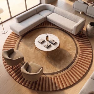 Mid Century Modern Round Rug, Tan Beige Sunburst Striped Area Rug, Art Deco Circle Carpet, Custom Tufted Wool Luxury Living Room Floor Mat