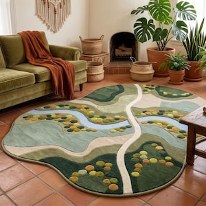 Cozy and artistic toddler space showcasing a highly durable thick wool carpet designed with striking interactive winding paths.