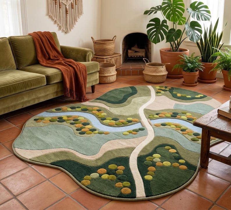 Cozy and artistic toddler space showcasing a highly durable thick wool carpet designed with striking interactive winding paths.