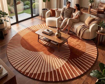 Op de afbeelding: Een groot rond vloerkleed met een opvallend, radiaal zonnestraalpatroon in afwisselende tinten van diep terracotta oranje en crème. Het ontwerp bestaat uit dunne, langwerpige rechthoekige segmenten die vanuit het midden naar de rand uitstralen.