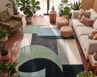 Abstract Geometric Rug Sage Green Blue Area Rug Color Block Carpet Mid Century Modern Japandi Decor 3D Carved Custom Hand Tufted Wool Rug