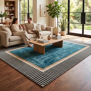 Rectangular Mid Century Modern Area Rug, Teal and Striped Geometric Carpet, Black and White Border, 3D Carved Hand Tufted Wool, Custom Size