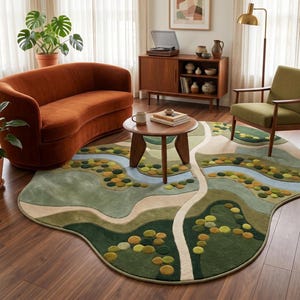 High-end contemporary functional floor art featuring a stylish irregular puddle shape creating a playful vibe in a modern kids room.