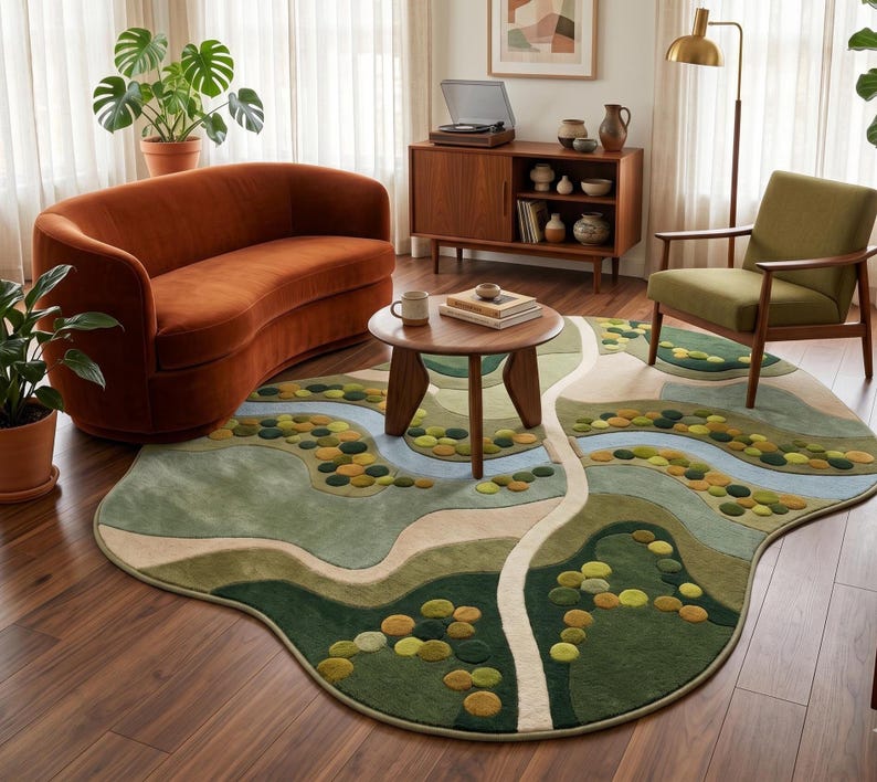 High-end contemporary functional floor art featuring a stylish irregular puddle shape creating a playful vibe in a modern kids room.