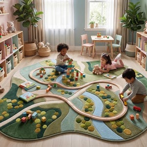 A thick, plush custom tufted statement playroom rug placed perfectly alongside a wooden toy shelf and indoor plants.