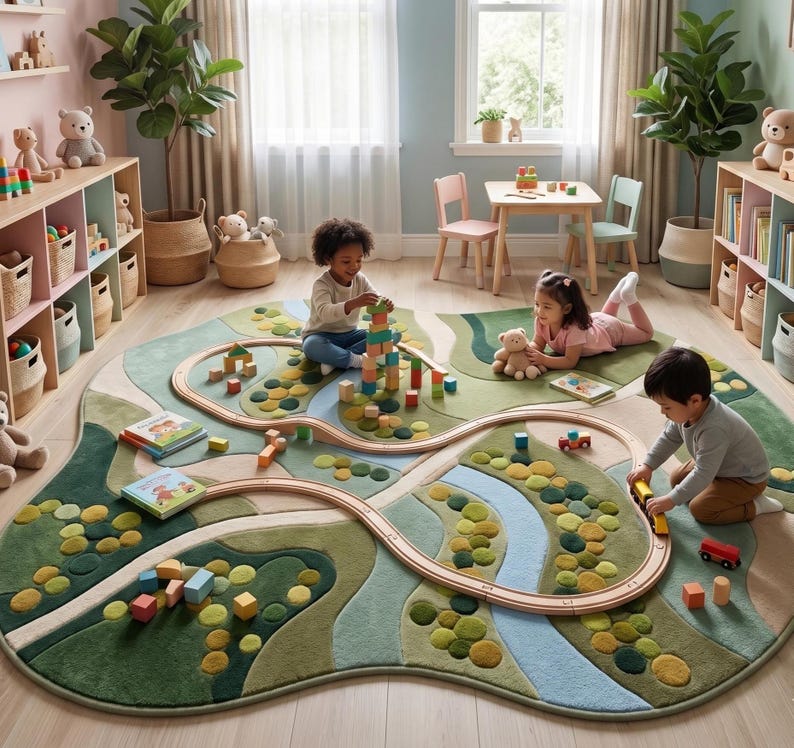 A thick, plush custom tufted statement playroom rug placed perfectly alongside a wooden toy shelf and indoor plants.