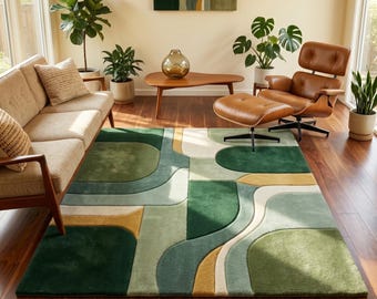 Groen geometrisch vloerkleed abstract kleurblok karpet uit het midden van de eeuw modern tapijt salie mosterd 3D gesneden aangepast handgetuft wollen vloerkleed 8 x 10,9 x 12